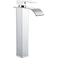 Sistaby Basin Mixer Taps Tall Bathroom Sink Tap Mixers Waterfall Countertop High Square Cloakroom Faucet Monobloc Chrome Stainless Steel with G1/2’’ Hoses Mono 1 Hole