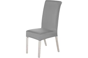 TRIMMING SHOP High-Back Chair Covers for Dining Room Chairs – Spandex Stretch, Universal Armless Chair Protective Slipcover, Removable & Washable for Kitchen, Wedding, Party, Banquet & Hotel, Silver, Pack of 4
