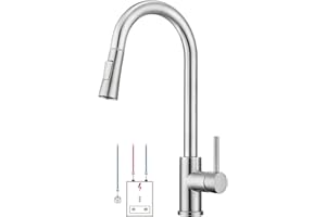 WOOHSE Niederdruck Armatur Küche, 360° Drehbare Küchenarmatur mit Brause Ausziehbar, Wasserhahn mit 3 Anschluessen für Boiler, Hoher Bogen Mischbatterie Küche mit 2 Modi Brause, Edelstahl