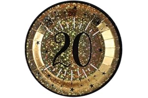 1001decotable - 10 Assiettes anniversaire 20 ans noir et or métallisé