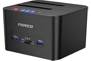 FIDECO Festplatten Dockingstation, USB 3.0 Dualschacht Festplatten Docking Station Offline Klonfunktion für 2,5 Zoll & 3,5 Zoll HDD SSD SATA, Unterstützt TF & SD Karte, Unterstützen UASP