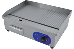 TAIMIKO Plancha électrique professionnelle en acier inoxydable Plaque de gril en fer (54 x 30 cm Lisse & Rainures)