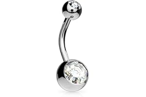JEWEL BARREL Belly Bars Navel Button Ring Body Piercing Jewellery Bar with Crystal Ball Surgical Steel 14G (Silver, 2 x Crystals Balls)