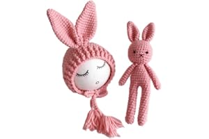 Matissa newborn photography bunny props baby photoshoot outfits girl boy funny costume knitted chrochet hat and doll set