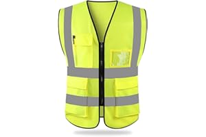 HYCOPROT Chaleco de Seguridad Reflectante Alta Visibilidad Ropa de Trabajo Gerente Ejecutivo Chaqueta de Chaleco Cremallera Brace Seguridad Teléfono Móvil Titular de Id de Bolsillo
