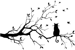 FAUMSUT Ramo di un albero Foglie con gatto Adesivi murali Adesivi rimovibili Vinile Uccello Adesivo Adesivo Decor per la casa Camera da letto Soggiorno Scuola materna Asilo nido Decorazioni camere Nero