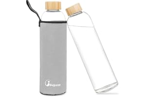 Bugucat Borosilicate Glass Water Bottle 1000ML, Reusable Lid Drinking Bottle with Protective Sleeves,Juice Beverage Container BPA-Free Leak Proof for School Sport Yoga Gym Hot Cold Drinks