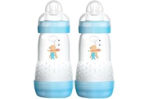 MAM Easy Start A137 Biberon anti-coliques breveté avec tétine en silicone SkinsoftTM ultra doux pour bébés à partir de 2 mois 2 unités Auto-stérilisation en 3 minutes Bleu 260 ml