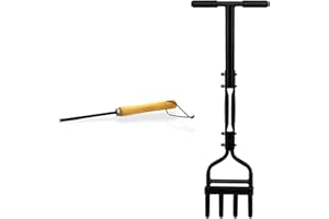 Crystals Hollow Tine Lawn Aerator Tool – Long Handle Grass Aerator with 18mm Core Prongs for Compact Soil, Non-Slip Grip Gardening Lawn Cleaning Tool & Hollow Tine 4 Spike Hand Aerator – Black
