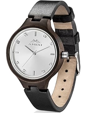 AMEXI Damenuhren Lederband Quarzuhr mit weichem schwarzem echtem Leder und Holzkoffer