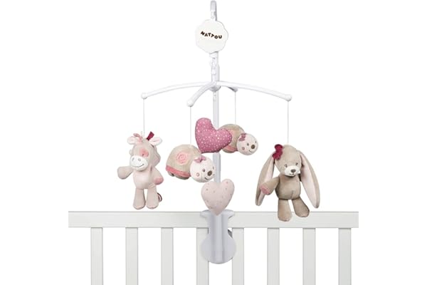 Nattou Mobile avec boîte à musique Nina, Jade et Lili, berceuse souple « La-Lu », 48 x 7 x 15 cm, beige/rose/blanc