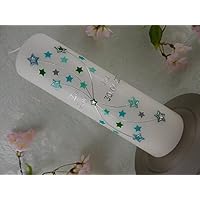 Taufkerze verziert Sterne türkis grün silber Junge Mädchen 250/70 mm inkl. Beschriftung