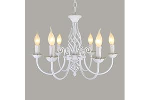 HEYUN European Country Industrial Vintage Pendant Light, Height-Adjustable Candle Holder, Made of Iron, Simple White Metal Chandelier for Kitchen, Dining Room, Living Room, 6 Heads