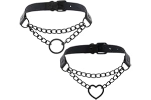 Borsgye 2PCS Punk Leather Goth Choker Collar Adjustable Rock PU Leather Choker Necklaces Teen Girls Cosplay Jewelry Vintage Necklaces - Black Circle and Heart