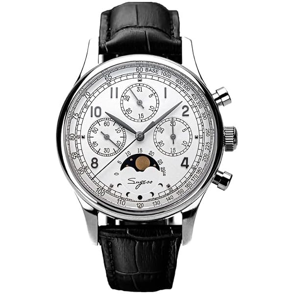 Sugess S437 MoonPhase Meccanico Acciaio Nero Pelle Data Orologio Uomo