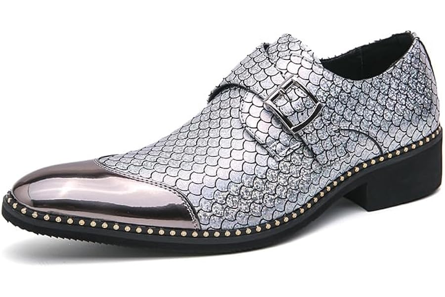 Kanggrei Men's Oxford Dress Shoes Slip On Pointed Toe PU Leather Monk Strap Patchwork Rubber Sole Non-slip Durable Non-Slip