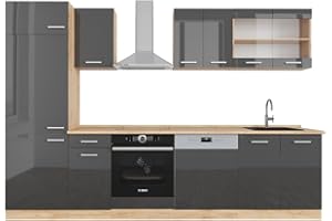 Vicco Mueble de Cocina R-Line, Antracita Brillo Intenso/Roble Dorado eléctrico, 300 cm, ET Roble