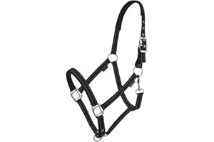 LeMieux Essential Yard Headcollar - Tough & Durable Nylon Webbing - Reflective Stitching - Neoprene Padding - Trigger Clip Throat Lash - Breakaway Leather Tab - Black - Full