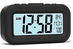 FAMICOZY Small Digital Travel Alarm Clock with Day/Indoor Temperature,Easy to Read and Set,High/Low Auto Backlight,9 Min Snooze,Crescendo Bedside Alarm Clock,Black