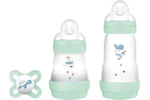 MAM Biberon Set Neonato con 2 biberon anticolica Easy Start 130 ml e 260 ml e Ciuccio Original Start, Riduce bolle d'aria e il rischio di coliche, Accessori neonati con tettarella in silicone, Verde