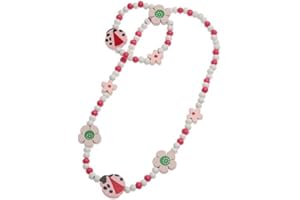 BELLAMIRA LIFESTYLE ACCESSORIES 2 Piece Wooden Beads Necklace and Bracelet Set For Girls - Love Pink Turquoise Heart Dragonfly Ladybird Butterfly Daisy Flower - Loot Bags Goody Bag Filler - Birthday Christmas Gift