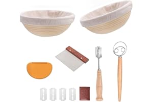 YAANI Due Cestini Banneton Rotondi da 23 cm + Frusta per Impasto + Lame per Pane + Raschietto per Impasto + Raschietto Flessibile, Regali per Cottura del Pane a Lievitura Madre