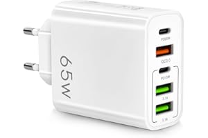 AXFEE 65W Multi AXFEE USB C Charger, 5 Puertos Multiple Cargador con USB-C y USB-A, 65W Cargador Rápido PD 3.0 Power Adapter USB Fuente de alimentación para iPhone 14 Pro Max 13