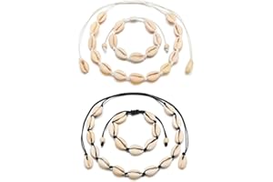 Huture 4 Stücke Muschelkette und Muschelarmband Kauri Muschel Choker Schmuck Set Halskette Fußkettchen Conch Natürliches Bohemia Handgemachte mit Verstellbaren Seil Zubehör für Frauen, Schwarz Weiß