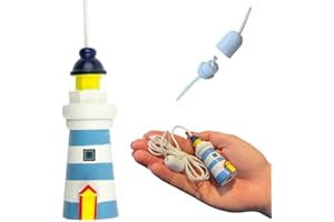 Lowgy Nautical Wooden Lighthouse Light Pull with Cord & Connector (Light Blue & White)