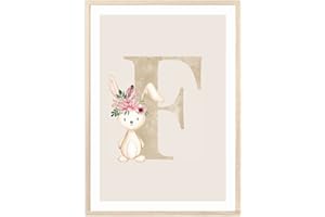 MeinBaby123® Poster con lettere DIN A4, per cameretta dei bambini, per ragazze e ragazzi, decorazione per la cameretta dei bambini, immagini per la nascita, poster di nascita, lettera F (coniglio – F)
