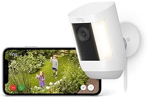 Ring cámara Pro con luces y enchufe (Spotlight Cam Pro Plug-In) | Cámara exterior con vídeo 2K, Ring Vision, detección de movimiento 3D (alternativa al CCTV) | 30 días de prueba gratuita de Ring Home