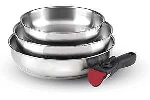 Qulinart by Brandt - Batterie de Cuisine à Induction 4 Pièces - Set de 3 Poêles en Inox 20, 24 et 26 cm avec Poignée Amovible - Acier Inoxydable - Lot pour Tout Feu - Sans PFOA - Argenté