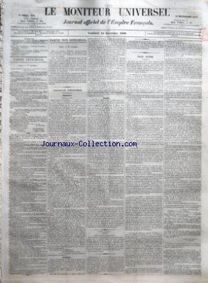 MONITEUR UNIVERSEL (LE) [No 322] du 18/11/1859 - SOMMAIRE - PARTIE OFFICIELLE - LOI QUI AUTORISE LE DEPARTEMENT DE LOIR-ET-CHER A Sâ IMPOSER EXTRAORDINAIREMENT - NOMINATIONS DE PRESIDENTS DE SOCIETES DE SECOURS MUTUELS - PARTIE NON OFFICIELLE - NOUVELLES ETRANGERES - DOCUMENTS COMMERCIAUX - FAITS DIVERS - FETES NATIONALES DE Lâ ALLEMAGNE A PROPOS DU CENTIEME ANNIVERSAIRE DE LA NAISSANCE DE SCHILLER - RECETTES DES CHEMINS DE FER - EXPOSITION DE ROUEN