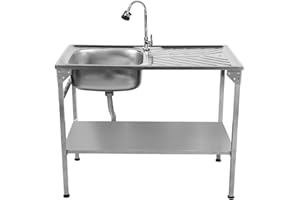 MONSTER SHOP Folding Camping Sink Stainless Steel with Flexible Tap Portable Hand Wash Basin Single Bowl RH Drainer Drainage Pipe Height Adjustable Feet Outdoor Free Carry Storage Bag Chopping Board & 5 x Hooks