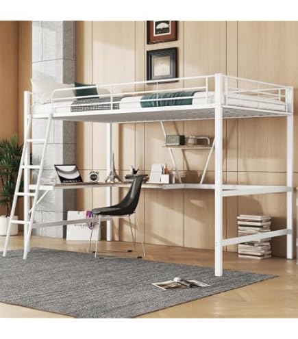 Dolamaní Hoogslaper voor volwassenen, 90 x 200 cm, met bureau en kast en plank, trap met leuning, metalen bed, kleine vierkante netstroken aan de zijkanten (wit natuur