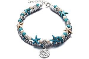 Conruich Boho Türkis Fußkettchen für Damen Frau, Beach Strand Baum des Lebens Perlen Gewebt Knöchel Fußkette, Einstellbar Geschichtete Fußband Handmade Schmuck, Fußschmuck Geschenke für Kinder Mädchen