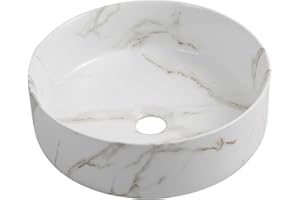 ROBANMOA Round Art Countertop Basin for Bathrooms and Cloakroom Hand Wash Basin White Marble Effect Artistic Counter Top Bathroom Sink Basin Ceramic Vessel Sink Washbowl - 360mm