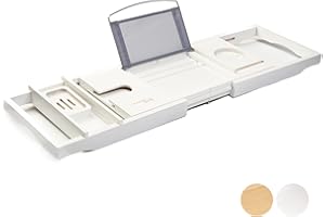 TRANQUILBEAUTY Tranquil Beauty Premium Bath Caddy | Natural Sustainable Bamboo Bath Tray | Bath Board With iPad, Tablet and Phone Stand | Extendable Wooden Tray Bath Rack | Adjustable Bath Tray With Wine Holder