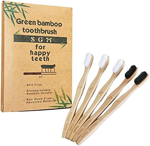 Bamboo Toothbrushes Medium with 2 Charcoal Bristles by SGM | Natural Wooden | Biodegradable | BPA Free | Environmental Eco-Friendly | 5 Pack | Bristle UK Design | Extra one Toothbrush Gift for You