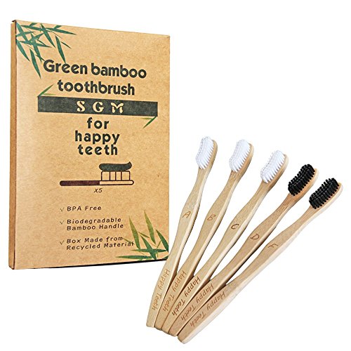 Bamboo Toothbrushes Medium with 2 Charcoal Bristles by SGM | Natural Wooden | Biodegradable | BPA Free | Environmental Eco-Friendly | 5 Pack | Bristle UK Design | Extra one Toothbrush Gift for You