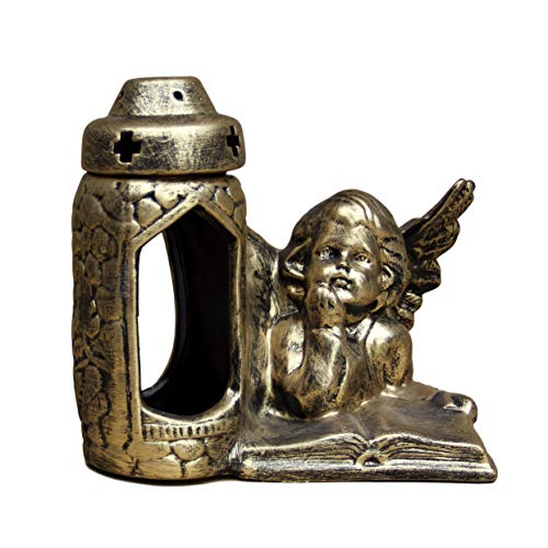 IK candles Memorial Candle Lantern Featuring Angel Statue Gold Black - Stunning And Large Ceramic Cemetry Grave Ornament
