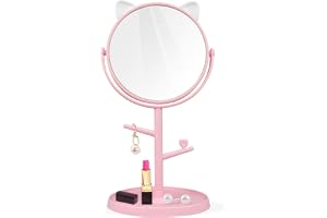 Sminkspegel med Kattöron Rosa Roterbar Bordspegel med Förvaringsbricka Söt Makeup Spegel för Resor Hemma Kontor Passar för Tjejer
