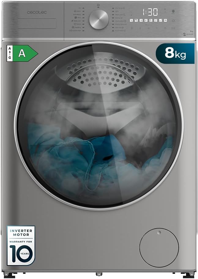 Cecotec Lavadora Secadora Carga Frontal 8Kg-5Kg Bolero Wash&Dry 8580 Inverter Steel B. 1400 rpm, 16 programas, Motor Inverter Plus, Clase A, Fuzzy Logic, Smooth Wash, SpaCare, Stain Match, Steel