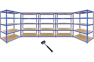MONSTER RACKING 5 Estanterías Metálicas Azules T-Rax sin Tornillos 120x60x183cm de 5 Estantes Baldas Repisas Capacidad Peso 280kg por Estante Almacenamiento Almacenaje Herramientas Taller Garaje+Mazo de Goma GRATIS