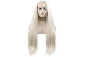 LETIAN HAIRS Parrucca da donna biondo platino, capelli lisci Yaki, in fibra sintetica con retina di pizzo frontale, 61 cm, con densità naturale 180%, parzialmente intrecciata a mano, fibra resistente al calore,