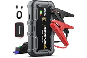 AIMAPOW Arrancador de Baterias de Coche, Arrancador de Coches Portatil 6000A, 12V Jump Starter (hasta Todo Gas o Diésel de 10,0L), Clips de Seguridad Inteligentes, LED de 400 Lúmenes, Caja Portátil