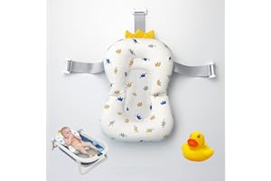 JOWY BATHBY | Cojín para Bañera de Bebé – Soporte Recién Nacido, Asiento Ergonómico, Ajustable y Portátil con Malla Antideslizante, Almohada Reductora, Hamaca de Ducha + Patito de Goma (Coronas)