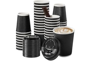 AYN AL MADINA 4 oz Black Disposable Kraft Paper Ripple Cups with Lids - Pack of 50 Insulated Triple Wall Takeaway Drinking Cup - Great for Coffee, Tea, and Hot Drinks - Reusable, Leak Proof Travel or Office Cups