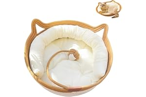WUMEIJIAJU Cotton Woven Cat Bed Basket, 3-in-1 Cat Basket with Cushion Pad and Scratching Ball Toy, Sleeping Nest Scratcher Bed for Kitten Puppy Small Cats & Dogs, Medium