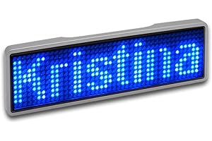‎SERTRONICS Sertronics LED programmierbar Namensschild mit digitalem Bewegungsschild, USB wiederaufladbar LED Name Tag, LED Anzeigetafel mit 11x44 Pixel, digital Scrolling, Rahmen silber, LED blau
